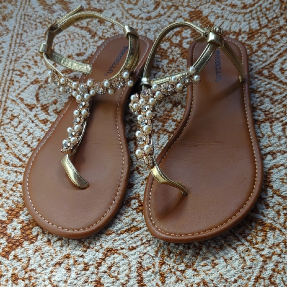 Marbella T-Strap Sandals Gold And rhinestone